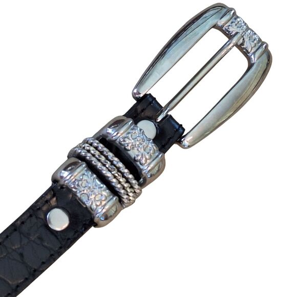 Cache Croc Embossed Leather Belt Silver Links S Black Skinny VINTAGE 80S - Picture 1 of 16